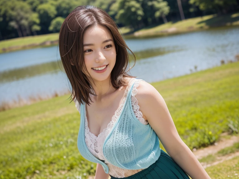 highest quality, soft light, ultra high resolution, (realistic:1.4), full_body,RAW photo, 1 japanese girl, alone, cute, (pupil, light in the eyes), detailed beautiful face,(High resolution details of human skin texture), (short hair), outdoor,skirt, (portrait),spring,big smile,sox,cleavage,small breasts