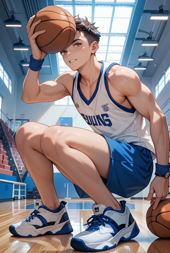 masterpiece,high quality,1 boy,black short hair,basketball player,gym