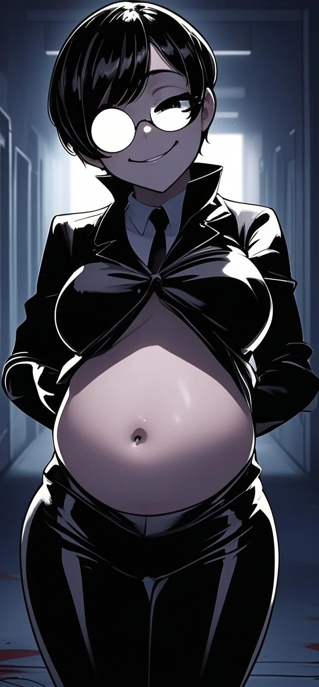 art by kipteitei, 1girl, black shirt hair , black eyepatch, wearing suit, big plump belly, pretty face, nose, lips, beautiful eyes, circle glasses, (best quality, masterpiece, 4k, sharp focus), professional photograph, sharp focus, dramatic, award winning, cinematic lighting, octane render, unreal engine, volumetrics dtx, anime style,