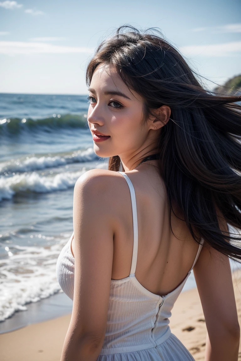 (logo、masterpiece、8k、Tabletop、RAW Photos、wonderful、最high quality、Photorealistic and Very detailed CG integrated 8k wallpaper、high quality、Very detailed、Narrative poem、Particle Effects、Dynamic Effects、Written boundary depth、Cinematic Light、Lens flare、Ray Tracing)、Fantasy、 (One beautiful woman、White pants、White T-shirt、White tube top、White crop top、Black-haired、Beautiful Face、True Face、Beautiful details、eye、Beautiful Skin、Ultimate Body、glamorous)、私の髪はWindに舞う、Hair flutters in Wind、Hair bounces、Seaside、wonderful景色、Coastal、sunrise、Sun in the background、Wind、Beach