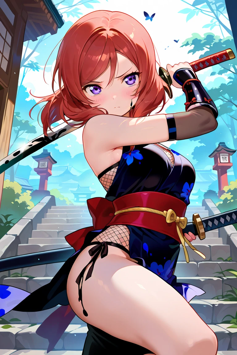 22 year old girl, short scarlet hair, decoration butterflies in hair, blue eyes, using two hands a katana that emanates dark energy.
