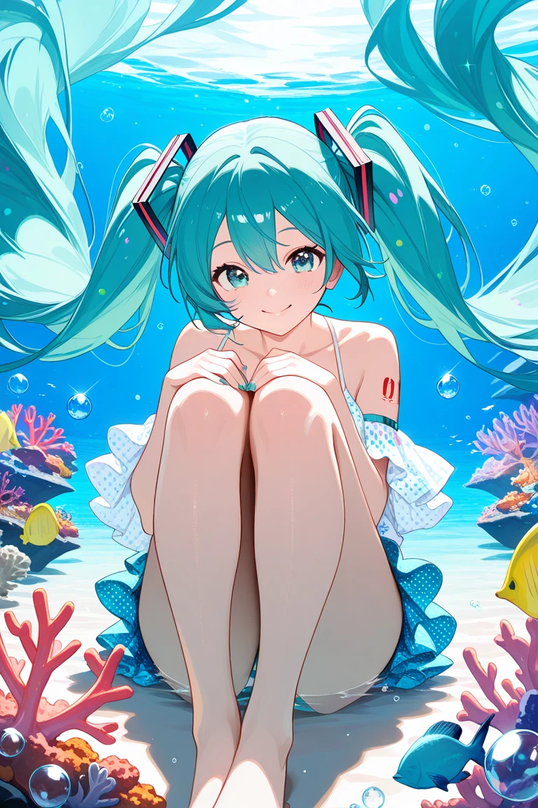 Full body view,masterpiece,high resolution,Anime Art,Anime Numbers, 4k anime wallpaper,Soft Light,Radiant Skin,Looking at the camera,Solitary,An anime girl,Hatsune Miku,Lying down,Green twin ponytails,Green eyes,White one-piece swimsuit,thigh,seabed,Coral Reef