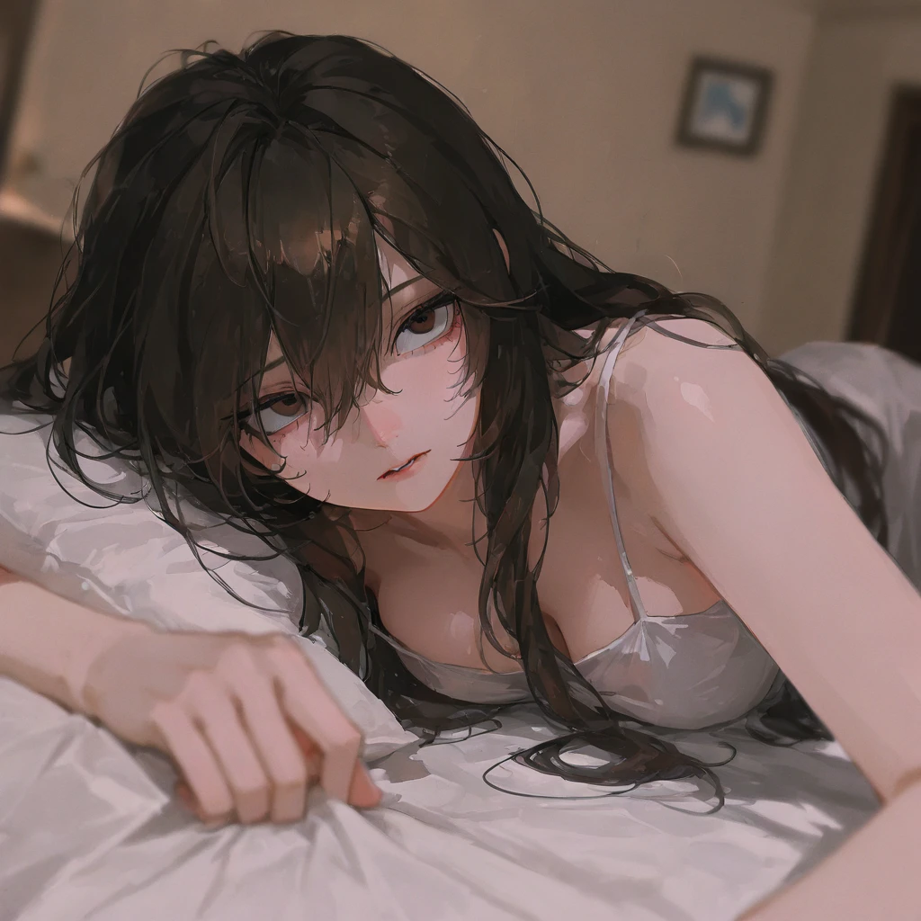 A dark-haired,Bedroom,The shirt,Colossal tits,sleep,Lie down,laying on back,