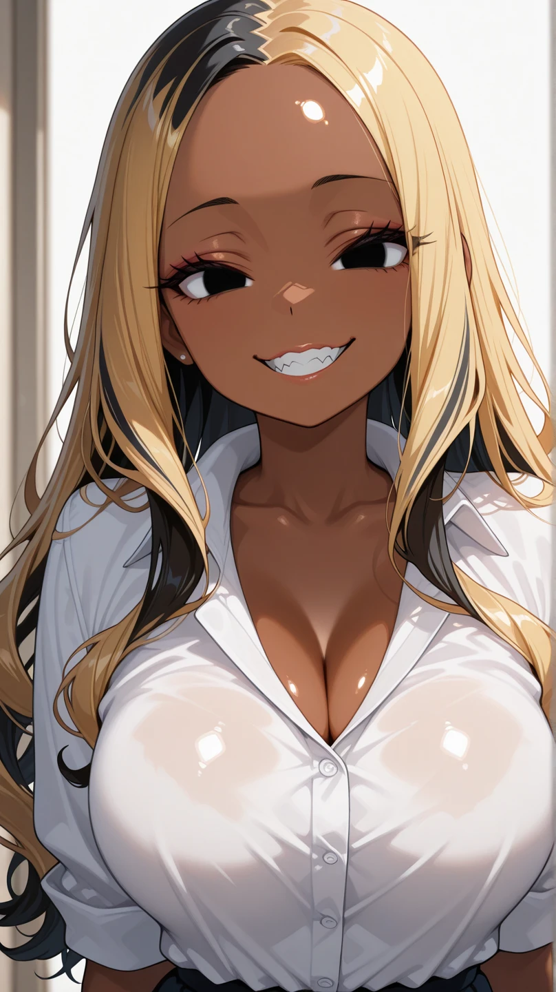 {masterpiece, distinct_image, extremely detailed CG, beautiful eyes and detailed face,realistic, photo realistic, 4k, 8k, high_resolution,perfect_finger, (beautiful_detailed_eyes:1.3), glitter, white_light, (glow_white_face, front_light:1.3), summer_light{1girl, face_focus,cowboy_shot, looking for_in_viewer, standing, (Perfect V-sign pose:1.6) },{adult, curvy, (huge_breasts, wide_hip:1.3), navel, skinny_stomach,tight_gap, groin (white_Y-shirt, black_short_skirt, cleavage, {The most perfectly hidden leopard print bra in a white shirt:1.7), (brown Cardigan tied around the waist: 1.6), red necktie, (tanning_skin, black_skin:1.6), white collar:1.5), (yellow_hair, pink_eyes, long_hair, ponytail:1.3), hime_cut, (half closed eyes, smiling face:1.3), sweat, Japanese_Anime_blue_sky_background, under green tree background}