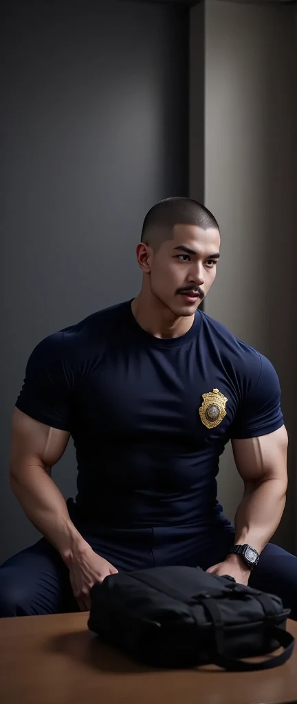 (masterpiece, intricately detailed, highest resolution, best quality:1.2), (doujin), a cocky Taki Instagram influencer,a 24 y.o muscle stud with a muscular physique sitting on a chair with black eyes,dark-skinned male, wearing a ((open jacket, chav, armbands)), (excessive cum), ((policeman uniform)), (cum on body), (cum drip), flaccid penis,saggy balls,hairy chest,vascular,muscle striations,soft light,fantastic realism, ((colth))