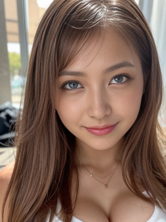 She is sitting in a cafe drinking coffee wearing a pink tank top that reveals a large chest.、Green long straight hair, Cute girl with blue eyes and a round face, Smiling with bangs and showing teeth,
