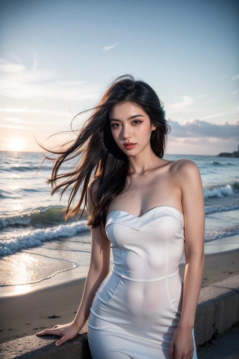 (Highest quality), (photoRealistic:1.4), ((Realistic image of a beautiful girl looking at the Aegean Sea at sunset)), She's wearing a Grecian-style maxi dress, Calm Aegean Sea shimmering at sunset, She has a look of serenity on her pretty face, at Santorini Island, She's watching a ocean at dusk from the Oia Castle, (Skin glowing bewitchingly in the setting sun), glistening skin, like a goddess, parted lips, Hair flapping in the wind, (Beautifully curved hourglass body shape), professional lighting and shading, POV, (extremely detailed eyes and face), eyes with beautiful details, (insanely detailed beautiful natural skin texture), Accurate eyes, Accurate hands, Well-balanced overall body, ultra high res, intricate composition, (an extremely delicate and beautiful)