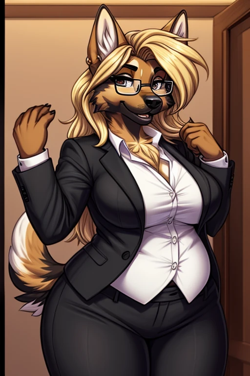 (adult, sketch-ish, 2d, absurdres, cel-shaded, best quality, uploaded on e621, trending on deviantart:1.5), (by john joseco:1.3), (by drako1997, by kadath, by bigdad, by scappo, by shonuff:1.1), (by zeekzag:1.4), (by scappo, by kanel), [by pgm300], (((white background, no background, no lighting, flat color:1.4))), (solo, female, anthro welsh corgi), (brown body), (curly hair, medium-long hair, silver hair), (shy, nervous, shy and nervous expression, shy eyes, green eyes, expressive eyes, puppy dog eyes:1.1), (visible cute fangs, closed smile), (jacket and cute top), (((skousers pants, skirt worn over trousers, british clothing))), (beautiful, adorable, cute short corgi tail), (collar with green gem), [noticeable breasts], ((black eyebrows)), 4 fingers and one thumb on both hands, small partial blush, (hands clasped together behind back:1.2)