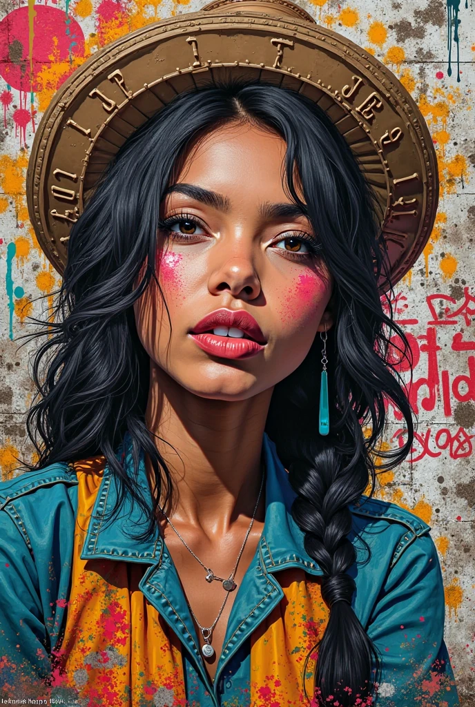 Mural, wall painting, graffiti on a wall. Graffiti mural with Brazilian women with gangster look with bandanas. Happy palette of colours. The cat is in the bag A girl is on the street looking at the mural. Scene illuminate