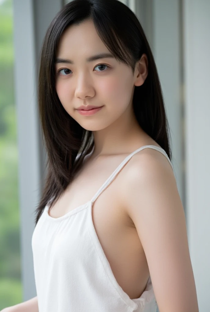 Highest quality, RAW Photos, Realistic, face, Incredibly beautiful girl, cute, Long Hair，garden，White tank top, Denim shorts, chest, 平らな chest, small,( small bust: 1.2), small bust, (slim, small, flat, small), thin, Delicate and sexy, Sharp clavicle, flatカラーの背景, ((faceのアップ:1.3)), gravure,View your audience, Raise your arms, White tank top, Arms up