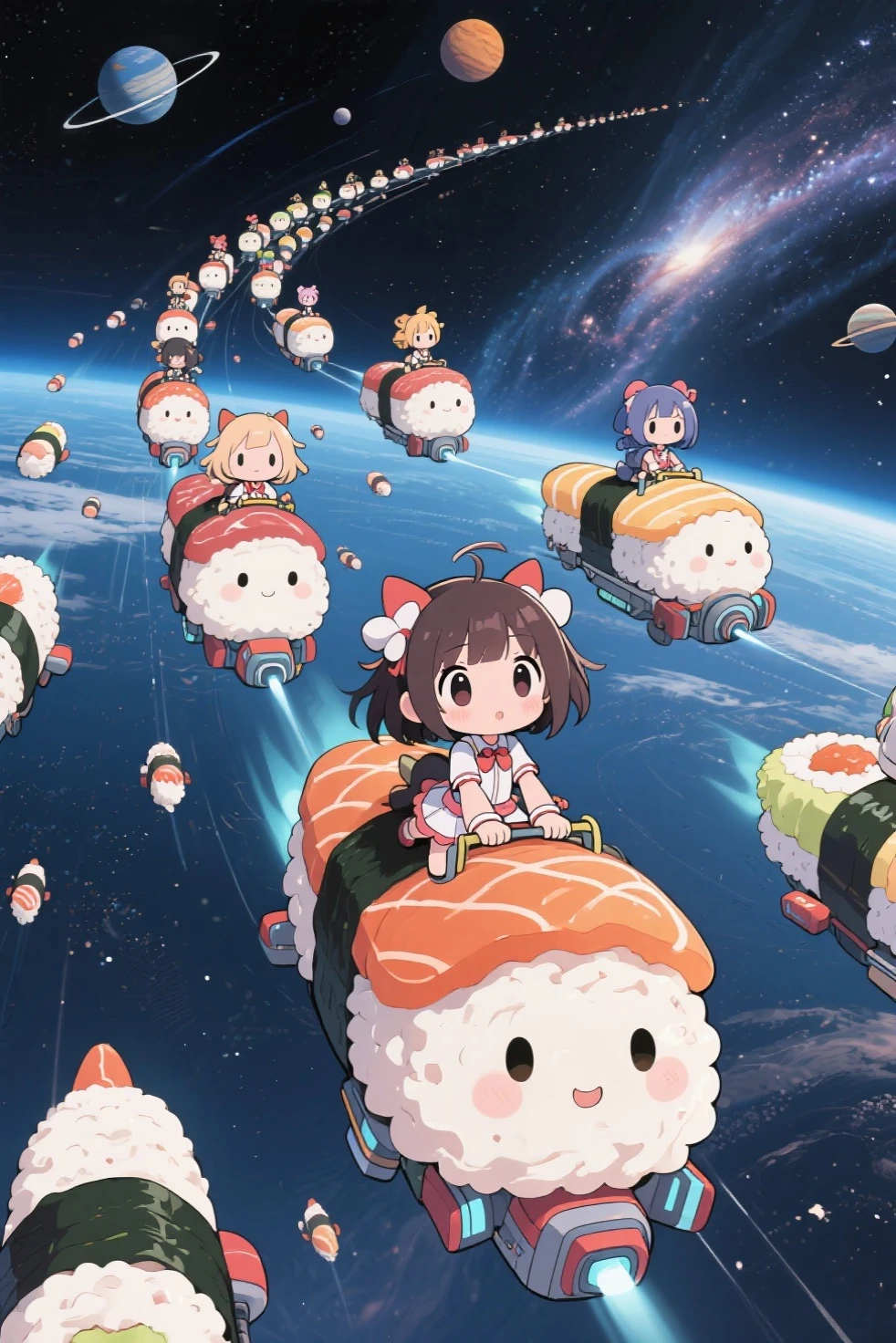 cute chibi animation, space adventure, Anime characters are riding on each large sushi, fleet collection style, in space , Large convoy of sushi shaped spacecraft, amazing view of vast space with planets and milky way, chibi anime girl on the sushi, in intergalactic japan, cute artwork , Anime Style Illustration, anime graphic illustration, Anime Fantasy Illustration,