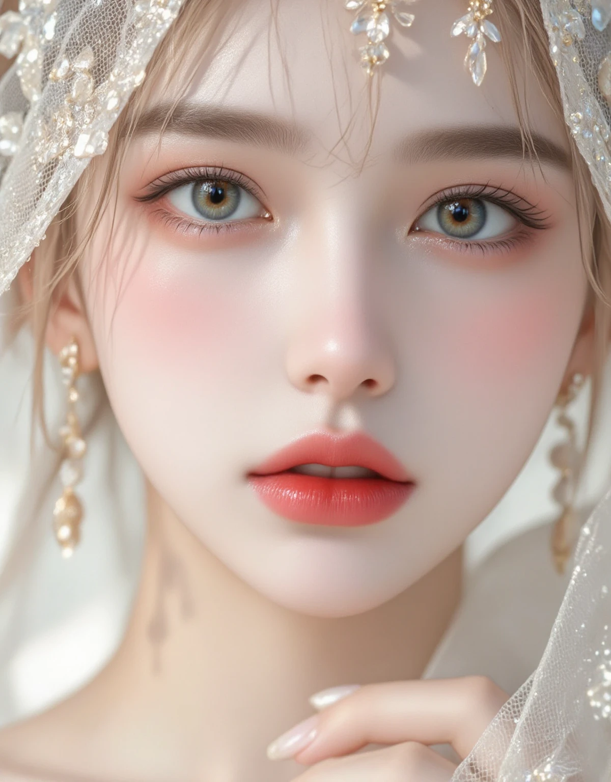 un primer plano de una mujer con un sombrero de plumas blancas, maquillaje popular de Corea del Sur, maquillaje coreano popular, maquillaje suave, ojos rosados brillantes, Brillantes ojos rosados, con hermosos ojos detallados, piel blanca y ojos reflectantes, beautiful pale makeup, ojos blancos detallados, ojos brillantes, Cara linda clara, Cara sexy con maquillaje completo, maquillaje ligero, Beautiful aesthetic face