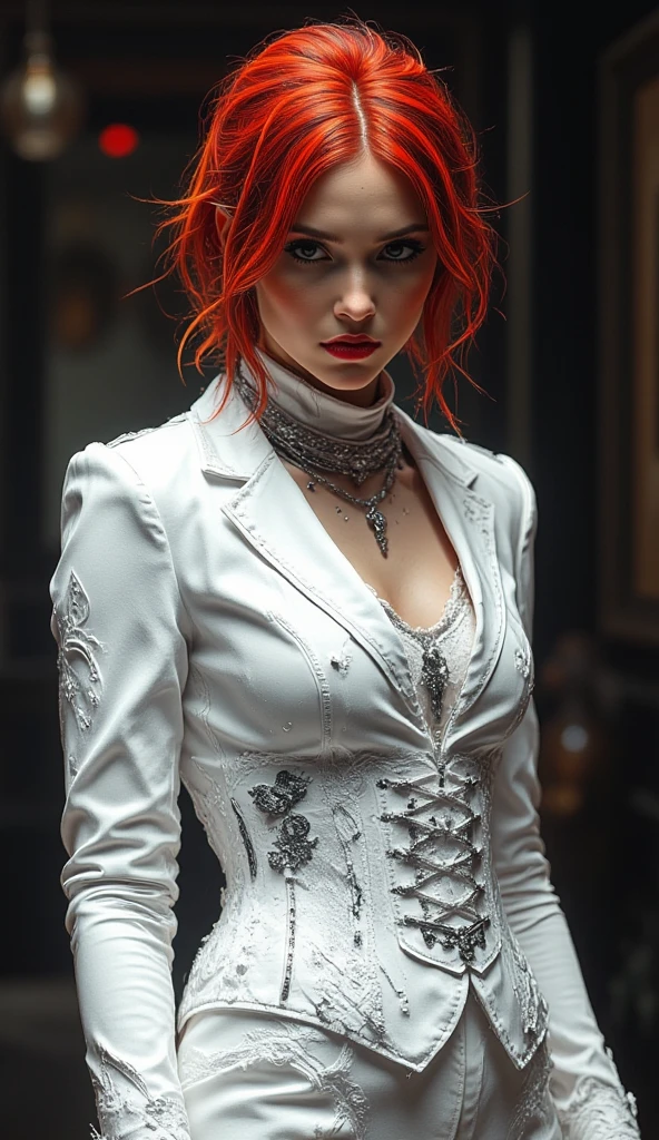 goth Emma Stone, red curly hair, pale white skin, black lipstic, black eyeliner, piersings.