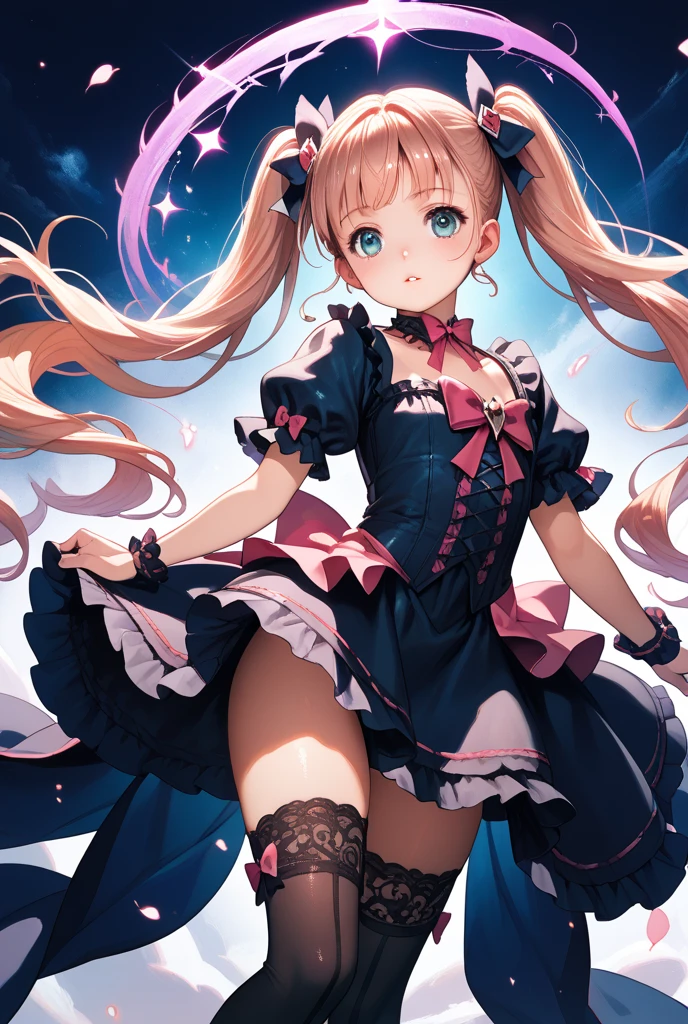 panty shot、rainbow colored leotard、Beautiful Girl Magician、blonde twintails、((whole body))、(((photo taken from below)))、night