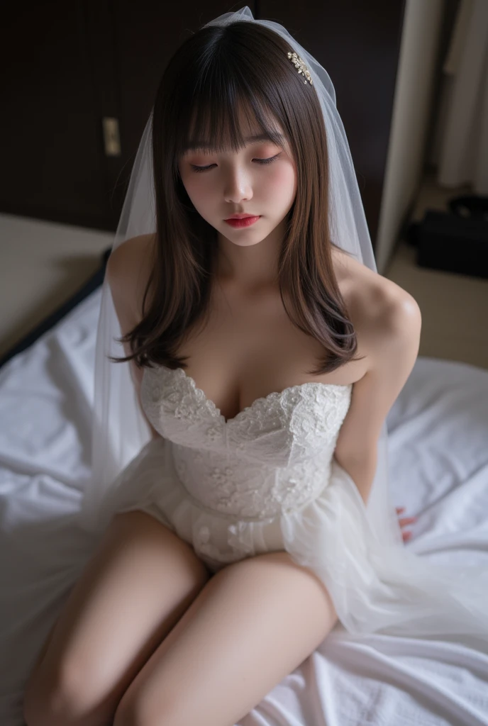 ((1 girl)), ((solo)), (straight front view), In a softly lit bedroom, a stunning huge heavy bust 42-year-old bride with an hourglass figure kneels on the edge of a bed. She is breathtakingly beautiful in her exquisite wedding dress, adorned with delicate lace and intricate details. A flowing veil cascades down, adding an air of romance and elegance to her ensemble. Her glamorous hairstyle and full makeup enhance her natural features, exuding confidence and radiance. With each delicate movement, the lace stockings she wears peek through, adding a hint of allure and sensuality to her bridal look. The bride's mature age adds depth and sophistication to her presence, showcasing her journey and the wisdom she brings to this new chapter of her life. As she kneels on the bed, the bride emanates a sense of serenity and anticipation. The room is filled with a sense of excitement and joy, as she embraces the beginning of a new adventure with her partner. Her poised stance and radiant smile reflect the love and happiness she feels on this special day. In this intimate setting, the bride's presence exudes confidence and a celebration of self. She reminds us that age is no barrier to finding love and embracing the beauty of marriage. Her hourglass figure is a testament to the uniqueness and individuality of every bride, regardless of societal expectations or age limitations. As she poses in her wedding dress, this mature bride showcases the beauty of love at any stage of life. first-person view, pov, bokeh, Nikon, UHD, retina, masterpiece, ccurate, anatomically correct, textured skin, super detail, high details, high quality, award winning, best quality, highres, HD, solo focus, presenting her body to viewer