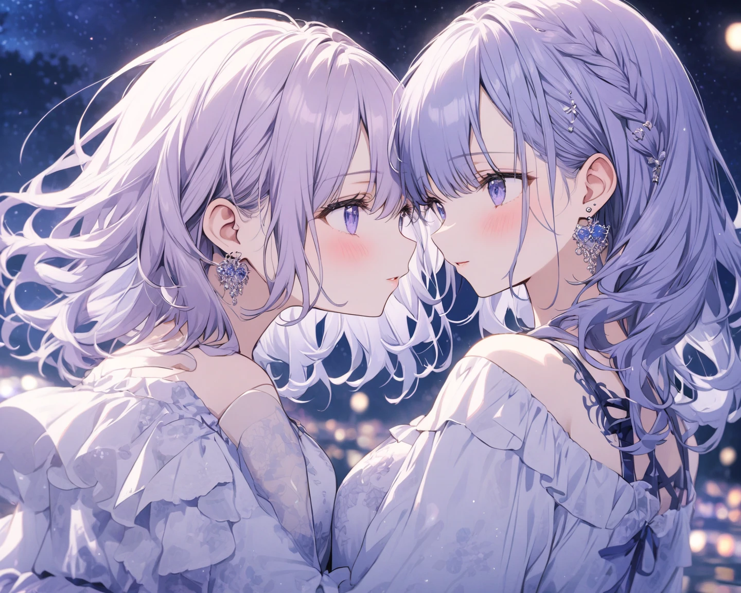 (Cute two girls:1.5),
(masterpiece:1.3), anime visual, (tilt head:1.3), extremely delicate face, realistic lighting and shading, (an extremely delicate and beautiful art:1.3), (muted colors:1.1),BREAK,(one girl with pale-purple wavy blunt hair and dark green eyes,fangs, one girl is hugging the other girl from behind,one girl is kissing other girl's nape:1.5), (other girl with pale-silver hair and blue eyes, the other girl is opening her mouth and looks at viewer,blush,:1.5),one girl is hugging the other girl from behind,one girl kisses her nape