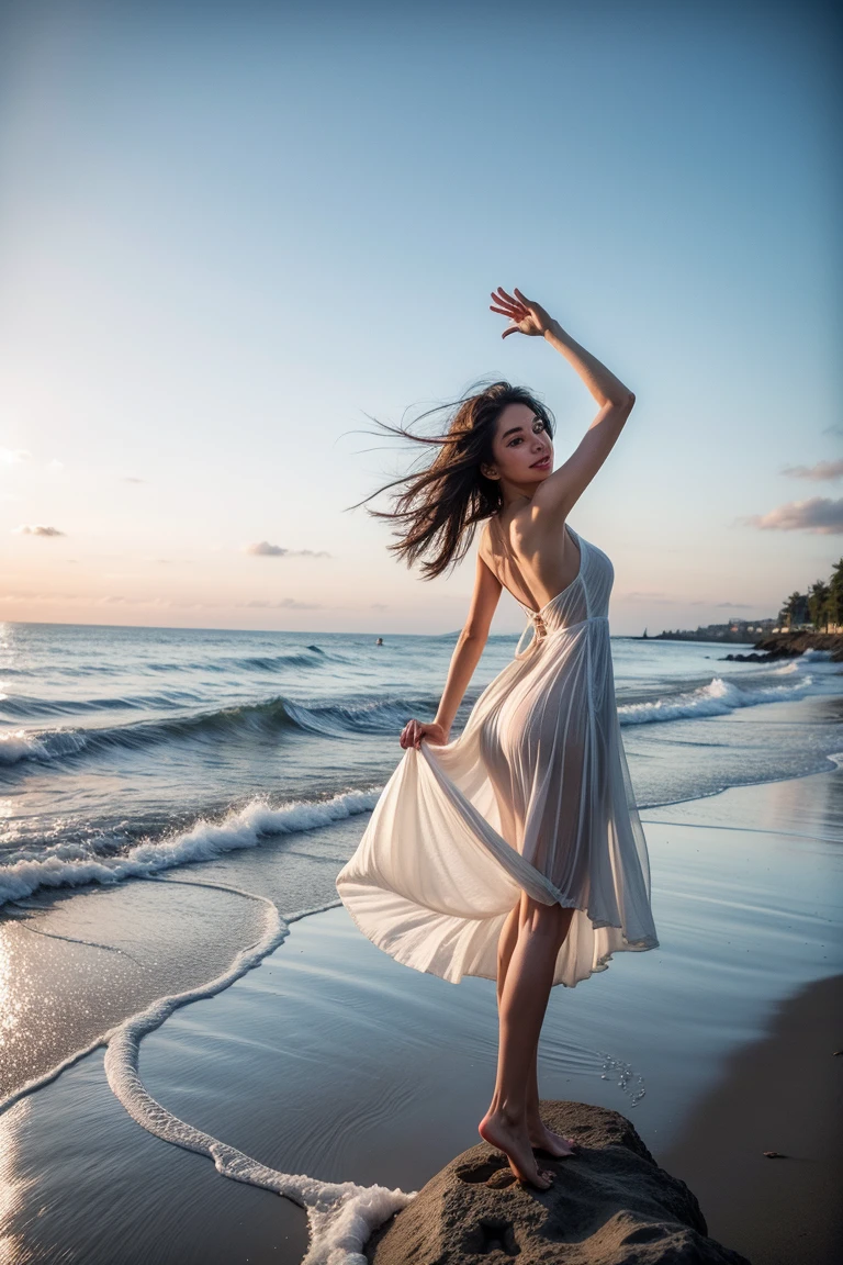a woman, solo, (full body, bare feet:1.5), long hair, black hair, dress, standing, sharp focus, outdoors, sky, day, cloud, water, clothes lift, from behind, blue sky, dutch angle, Victorian era, inspired by Milo Manara, seagulls, ocean, traditional media, beach, sand, shells, watercraft, ship, waves, boat, seagull, film grain, dramatic ambiance, masterpiece, ultra HD, film grain, dramatic ambiance, extremely detailed, 8K, proportionated body, [The character is surrounded by mist, evoking a mysterious and eerie atmosphere. The lighting is dark and atmospheric, with a red smoke adding a touch of sinister ambiance. best quality image, with a resolution of 8k and HDR enhancement, showcasing the utmost level of detail and realism, sfw, full body shot]. [Best Quality, Masterpiece, Ultra High Resolution, (highly detailed CG unity 8k wallpaper), (best photo), (best shadows), isometric 3D, octane rendering, ray tracing, highly detailed, (Best quality, 8k, high resolution, masterpiece:1.2), absurdity, masterpiece, ultra detailed, (realistic, photorealistic, photorealistic:1.37), complex parts, HDR, (complex parts:1.12), (hyper detailed, hyper realistic, Soft lighting, spicy:1.2), (complex parts, Hyper detailed:1.15). Blurred foreground. (backlit), high quality, brightness, chromatic aberration, 8k uhd, some smoke, shadows, contrast, clear sky, (warm hue, warm tone), high details, natural reflections]. Insane details, natural skin pores, skin imperfections, cellulite, real skin pores, real skin, stretch marks, moles on skin, photorealistic, (YES SFW:1.5), sfw, sfw, full body, bare feet, long hair, realistic hands.