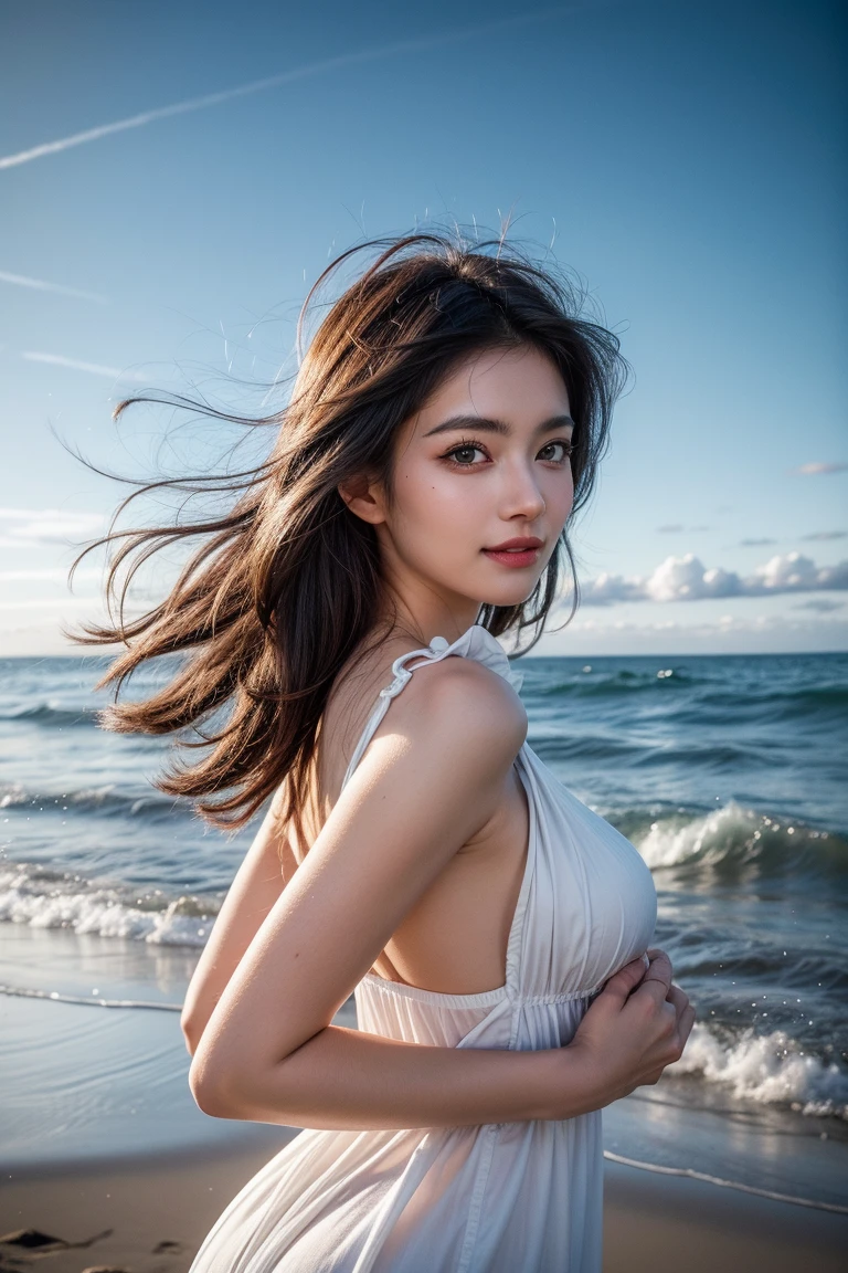 (photorealistic:1.4),8k,(masterpiece), best quality, highest quality, (detailed face:1.5),original,highres, unparalleled masterpiece, ultra realistic 8k, perfect artwork, ((perfect female figure)),mature female, milf, narrow waist, skinny,detailed skin, 1girl, solo, long hair, , short sleeves, serafuku,blue skirt, shirt, sailor collar, in cultivation tank,(floating hair:1.2), floating clothes, barefoot, air bubble,full body, looking at viewer, ((summer beach background)), sparking smile, sexy pose, ((view from below))