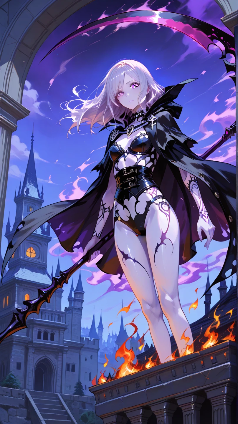 Masterpiece composition: A solo female figure, alone in the center of a high-contrast, cinematic frame. Pink-haired beauty stands out against a dark background, her magenta-hued long sleeve and dress radiating an otherworldly aura. The slit dress reveals a tantalizing glimpse of thigh-high stockings, while magenta footwear adds a pop of color. A witch's hat adorns her head, as she grasps a staff, exuding confidence and mystique in a dynamic pose that fills the frame.