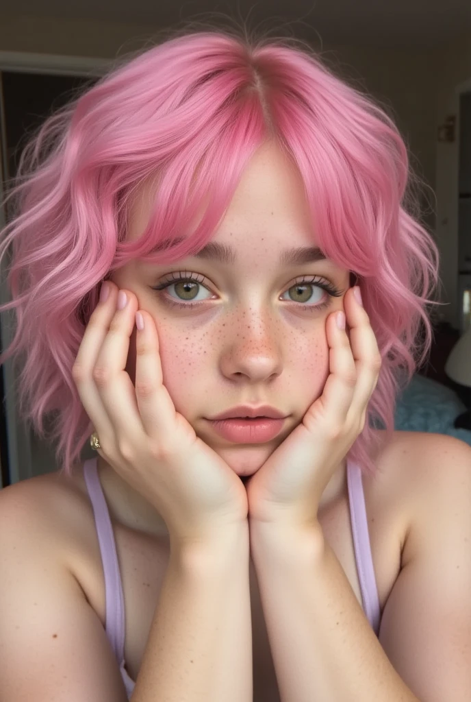 a photo of prettykkittykatembv1, cute, pink hair, pretty, 1girl, detailed eyes, (freckles:1.1), grey crop top, masterpiece, high quality, high resolution
