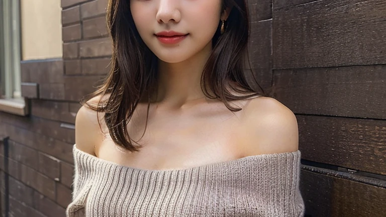 Body portrait, 8K, thin and beautiful eyes, Dindal effect, masterpiece, top quality, high quality, high resolution, very detailed photo, (natural skin texture, fine skin, hyper realism, super sharpness), high detail skin, (very fine), fine skin texture, dense detail, beautiful face, (realistic face), realistic eyes, beautifully detailed eyes, realistic skin, beautiful skin, surreal, highly detailed Golden ratio, smiling eyes, daytime beach, skin that reflects sunlight, body portrait, oily skin, shiny skin, black shiny skin, oily shiny skin, huge breasts, super breasts, big breasts, glamorous, thin knit sweater, wet,