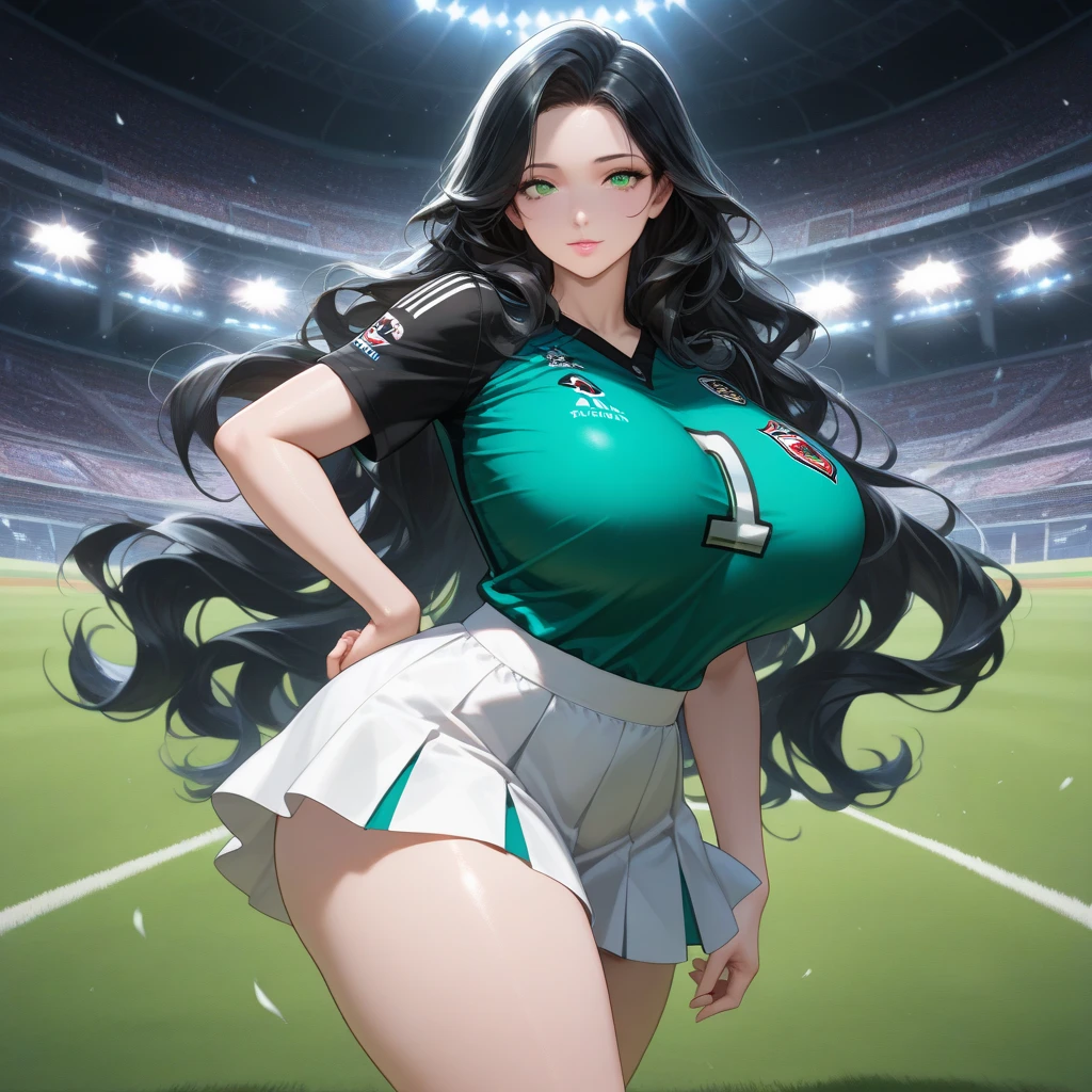 (best quality:1.3), (4K quality), (Detailed face:1.2), (Detailed eyes:1.2), 1girl, solo, Taiwanese woman, long black hair, With bangs,1 female in, 28 yo, Beautiful face, mascara, pink eyeshadow, glossy lips, red lipstick, closed mouth, smirk, big breasts, deep cleavage, pale skin, smiling, teeth, ((Wearing: Black tight tank top, Tight Denim short-shorts, black high-heel shoes)), ((holding a flag:1.3)), ((Background: Outside, empty race track)), the woman is an race queen, (Standing:1.3)