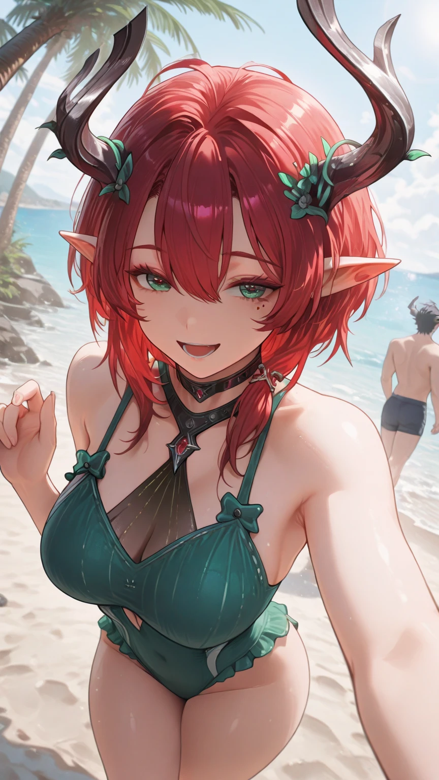 masterpiece, <lora:tiki-10:0.8>, tiki fe, 1girl, solo, looking at viewer, beach background, seductive smile, upper body, detailed face, red bikini, one eye closed, facing viewer, midriff