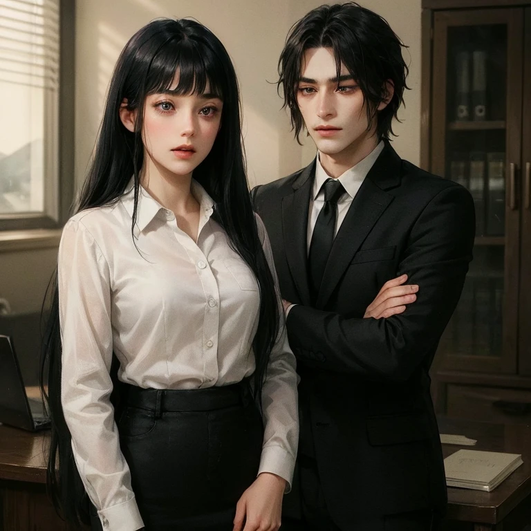realistic, father and daughter, 1woman (long black hair), asiangirl, confident look, bright eyes, cropped top, skirt, hidden hands, moonlight, field, trees, square, 1man (long blond hair), russian man, strong masculine features, serious look, suit, lucifer, hands in pockets