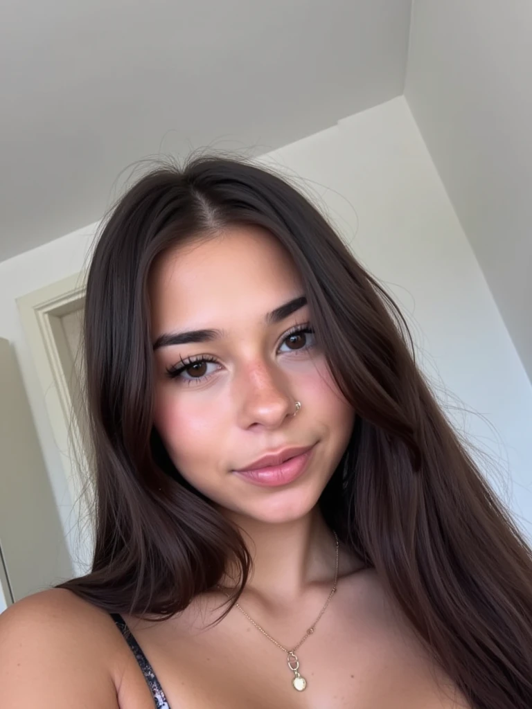(((detailed), ((realistic)), young woman 23 year old, beautiful, long dark brown hair, dark brown eyes, spanish. Taking a selfie with iphone front camera.