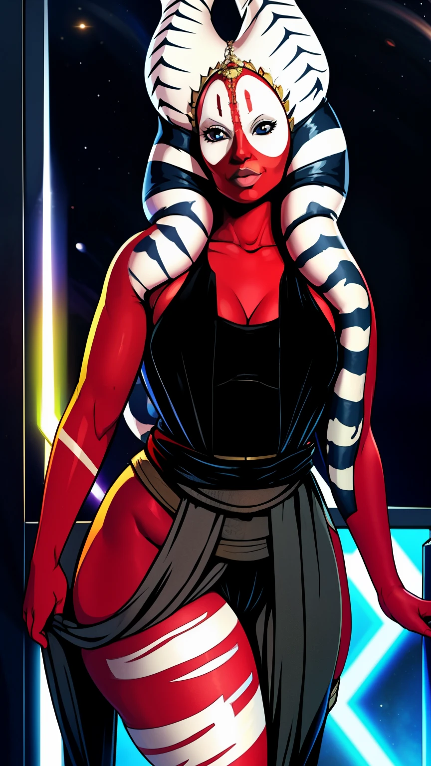 Red Skin Twi'lek wearing black spandex, gigantic breasts, huge breasts, slim hips, slim waist, small hips, balsamique