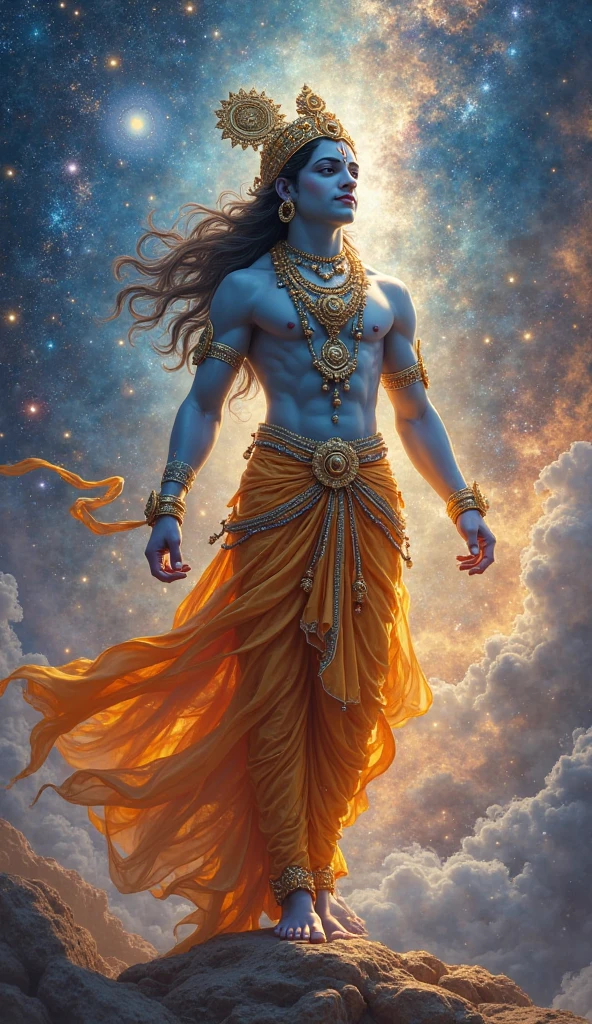 lord krishna in White clothes in peacock tail in Head and normal skin, standing position