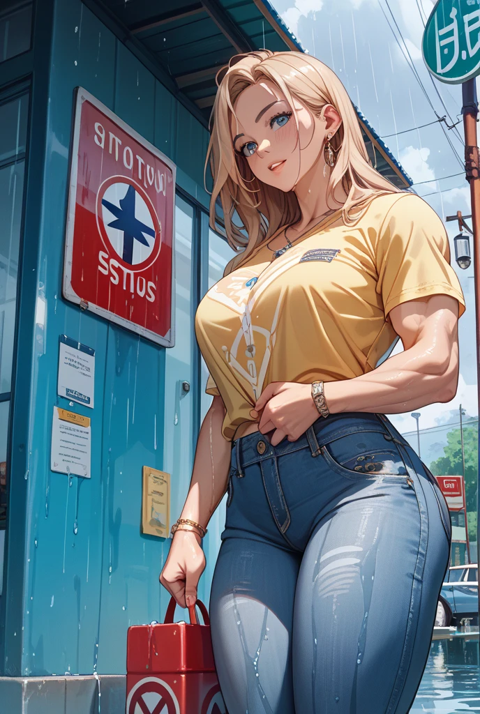 woman thin, pans jogger, blondy hair, blue eyes, busty. Yellow top