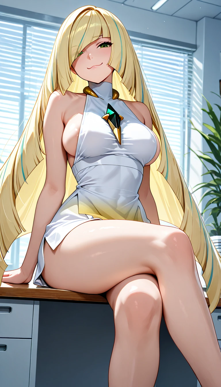 Ino Yamanaka, naked apron, rest looking at viewer, rest indoors, classroom, rest (masterpiece:1.2), best quality, high resolution, Unity 8K wallpaper, (illustration:0.8), (Beautiful and delicate eyes:1.6), Extremely detailed face, Perfect lighting, Extremely detailed CG, (Perfect hands, Perfect anatomical structure), smile, happy, full body