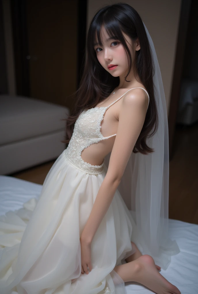 Photograph showing the whole body。She has her legs crossed。(RAW Photos, highest quality), (Realistic, Photorealistic:1.3), Tabletop, Crying face, Very delicate and beautiful, Soft Light, (Brown Hair, Straight shoulder-length hair fluttering in the wind), Beautiful detailed girl, Highly detailed eyes and face, Beautiful and detailed nose, Fine and beautiful eyes, (Crying face:1.3)1 girl,Pure beauty, cute,, (Small breasts:1.2), Realistic face, Realistic body,Full body photo、Wearing a wedding dress。She is in the church。