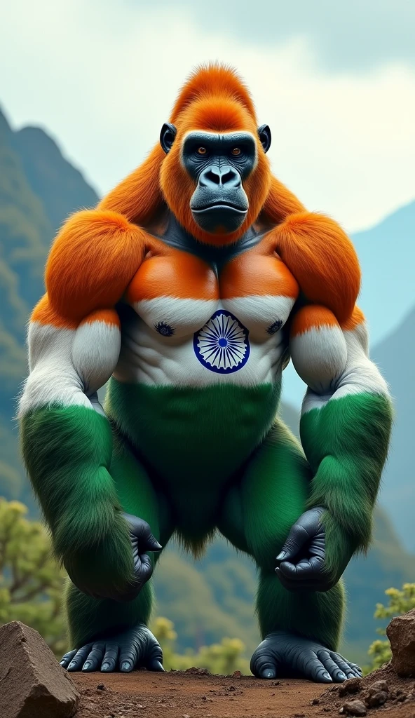 Create an image of Lord Hanuman and monkey face mix. In a powerful and dynamic pose. Behind Him, there should be an Indian flag waving proudly. The background should be filled with vibrant colors, symbolizing strength and devotion. Ensure the flag is clearly visible and adds to the overall energy and patriotism of the image,