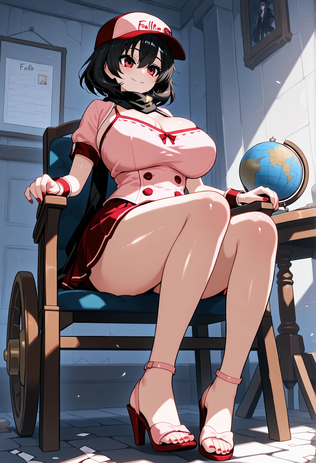 Hi res, masterpiece, 8k, NSFW, a loli girl, (gigantic tits: 1.6), black twintail hair, red eyes, (red dense pubic hair: 1.4), (unbuttoned white shirt, red ribbon, pleated gray skirt, black lace stockings with black lace garter belt, black high heels: 1.4), in a classroom, sunset, near a windows with a beautiful mountaing landscape, (sit with her legs spread wide on a school chair: 1.6), embarassed face, embarassed mouth, flushed face, semi closed eyes, (front view: 1.4), looking at the viewer