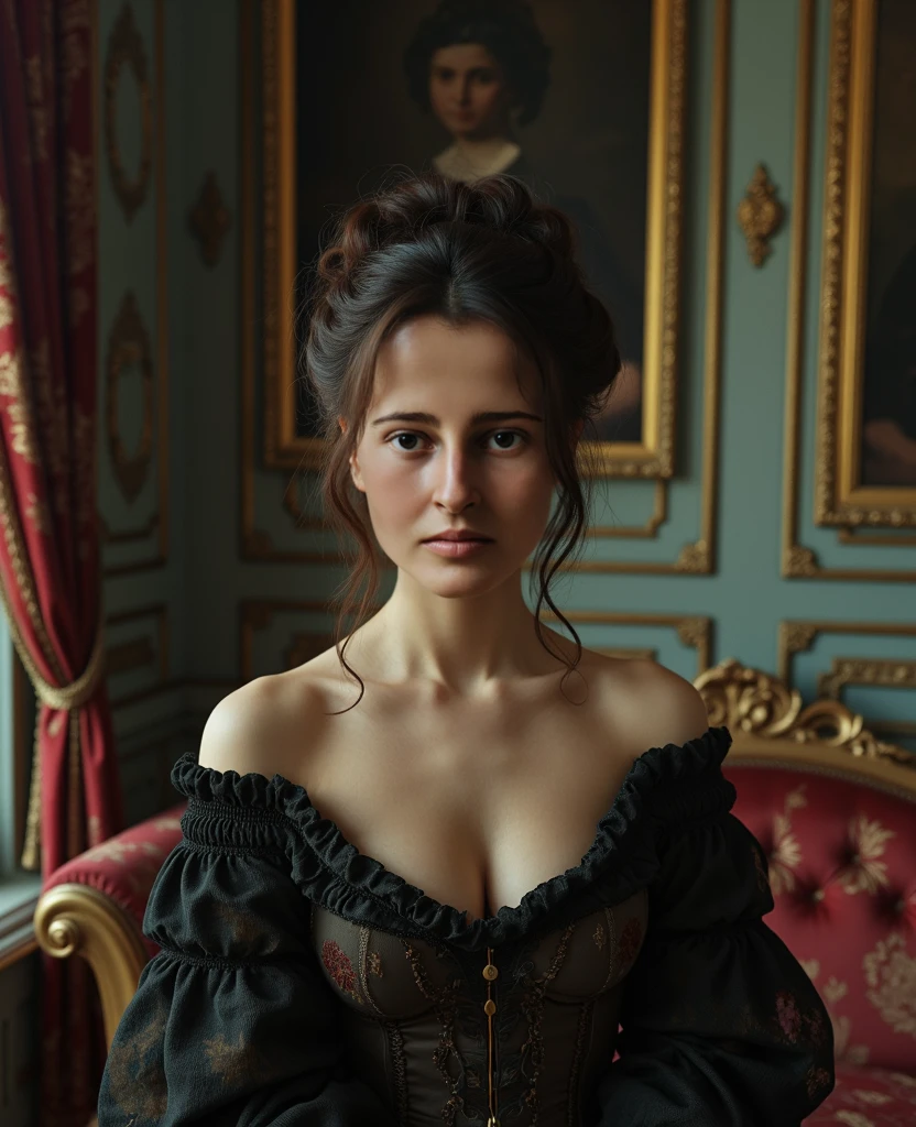 A dark and atmospheric oil painting featuring a stunning Victorian-era woman. She wears an elaborate, high-necked gown adorned with lace and intricate embroidery. Her expression is mysterious, with beautiful eyes that hint at hidden secrets. The setting is a dimly lit, gothic interior, with heavy velvet drapes, a grand fireplace, and an ornate, antique mirror reflecting the flickering light of a candelabrum. Shadows loom in the corners, and the air seems thick with an otherworldly presence, giving the scene an occult and eerie feel. ((Revelating Big boobs)), ((visble pussy)), (((visible anus)))