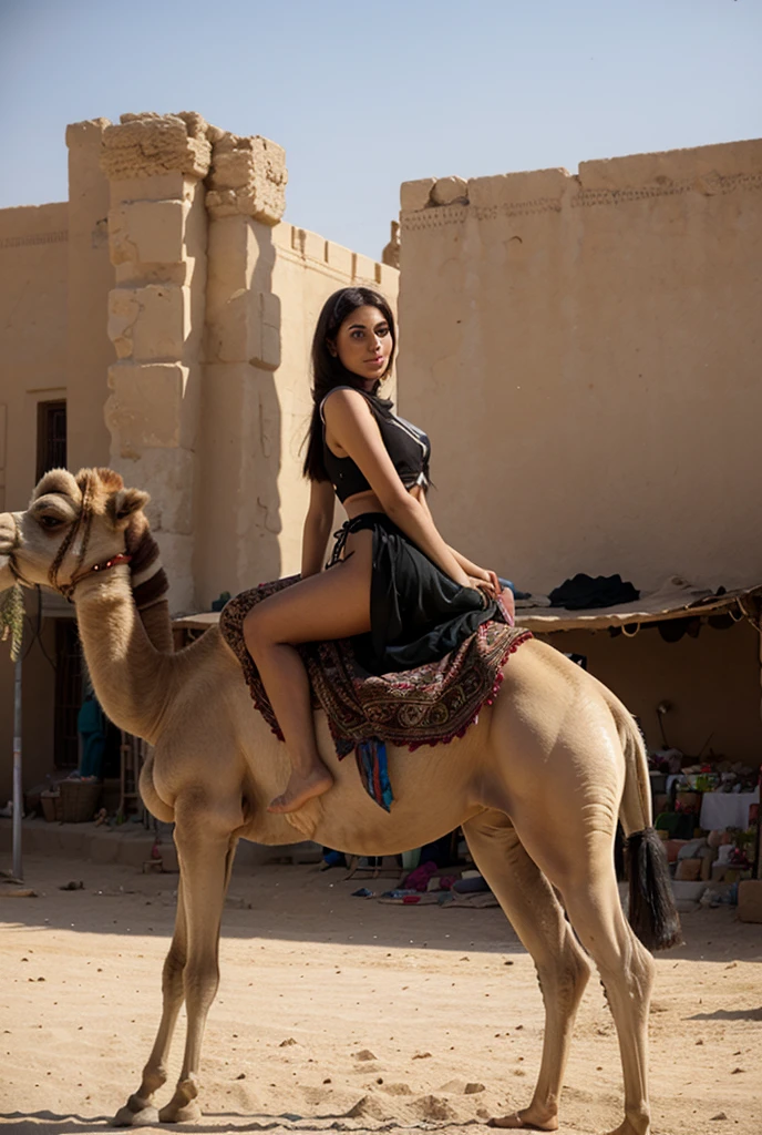 ultra realistic, in Dubai, in the desserts of Dubai, Dubai skyscrapers in the background, ridding on top of a camel, fit, athletic, medium to large bust, full body, photo, 8k, realistic, 21-year-old female, bright, muted colors, high detail, extremally detailed, beautiful black hair, confident, sexy, wearing sexy and tasteful dress, Abs, attractive, HDR camera, 10 feet away from the camera