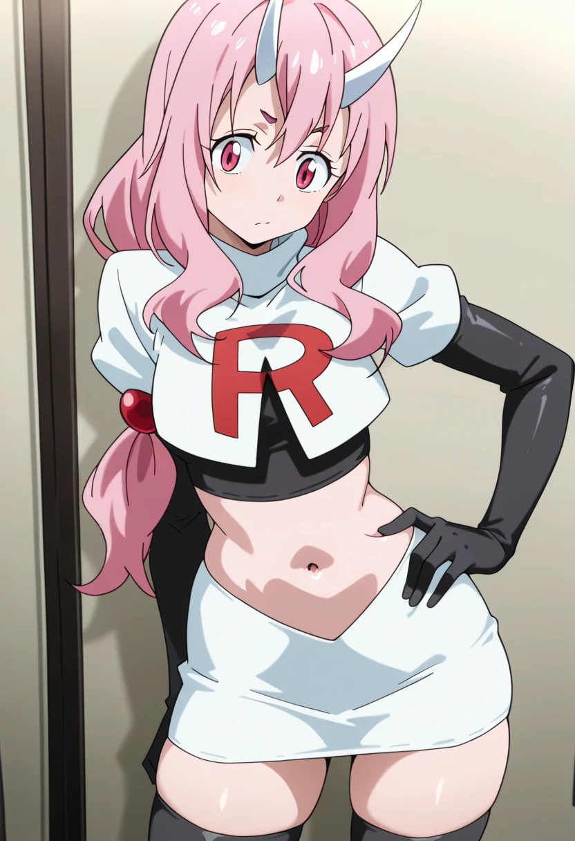 masterpiece,Highest quality,High resolution,Anime Style,(1 high school girl:1.2), (((Team Rocket uniform), Short skirt), (Black Patent Leather Gloves), Black patent leather boots, Black panties),(Smiling with teeth showing:1.3),(hairs color light pink, Wavy mid-length hair, Gal Makeup, Eyelash extensions, Make your eyelashes thinner and longer:1.3), (Panty shot, The subject is viewed from below:1.2), (Clothes that look good:1.1), (Blank Background:1.3)