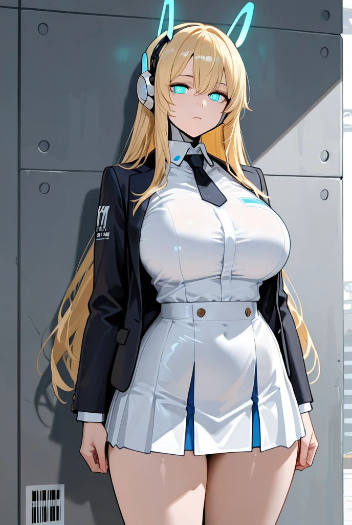 Asecilia, Very long hair, Curly Hair, Drill Hair, Blue hair band, , White jacket, White Dress, Big Breasts, Nipples, Long sleeve, belt, Black Pantyhose, Hands on hips, indoor, Standing 0B0, one person, From below