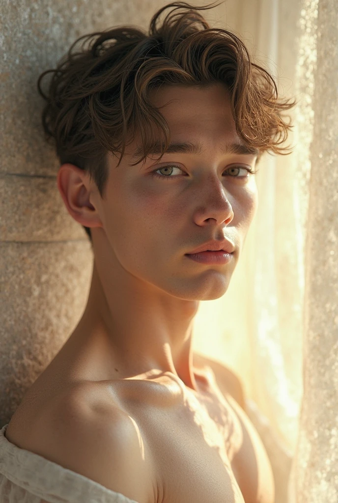 Behold ((1man)), fashion editorial photo shot, a photogenic charming 19 year old male supermodel, reminiscent of a mix between Sean O’Pry and Lucky Blue Smith, ((hazel green eyes)), prince smile, angel face with natural Blemishes and freckle, short curly hair, delicate With features reminiscent of a Ken doll, including (doll joints:1.37) and (plastic-like skin:1.25), symmetric face With a natural pale skin tone, he embodies youthfulness, athleticism, and he exudes a unique allure, exotic, ((setting of meadow adorned with wild colorful flowers)), ((wearing fashionable simple cloth from Dior Men's Collection 2020 by Kim Jones)), ((Buttoned-up shirt in earth tone colors)), touch of casual elegance accessories, ((stands against the backdrop of the vibrant greenery scenery)), Captured in a full-body pose with dynamic angle, the focus of the photo is on his captivating presence and the intricate details of the surroundings, he photo is taken with a Canon EOS R camera with a 50mm f/1.8 lens, f/2.2 aperture, shutter speed 1/200s, ISO 100, and natural light, by Camille Summers-Vallim, Employing three-point lighting and incorporating 3D animation shadows enhance the models' features and add depth to the composition. The layering and arrangement of body parts and surrounding objects are carefully considered to ensure a flawless composition. Ultimately, this masterpiece celebrates the beauty of the male form and invites viewers to immerse themselves in a world of sophistication and charm, with its seductive lighting, intricate details, and romantic atmosphere