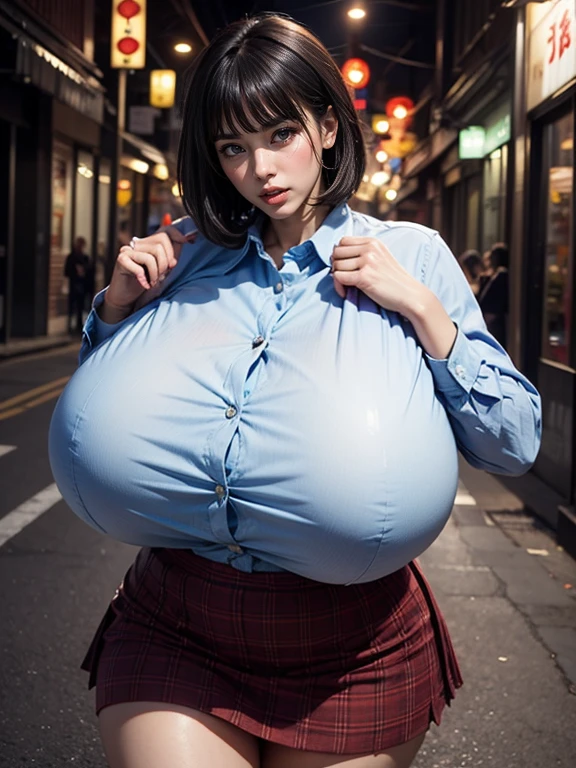 artistic nude photo of a slim japanese woman, (40 years old), black hair, bangs, lace lingerie (gigantic breasts:1.2) (puffy nipples:1.2) sagging breasts, (Extremely thin and slender lower body:1.1), kneeling in alley, surrounded by clothed men, crowded alley , after sex, clothed men, older men