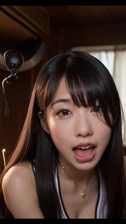 Sweaty naked busty Asian beauties with leashes on their faces, covered in cum, stick out tongues, submit to 6 guys with big cocks and lose themselves in orgy.