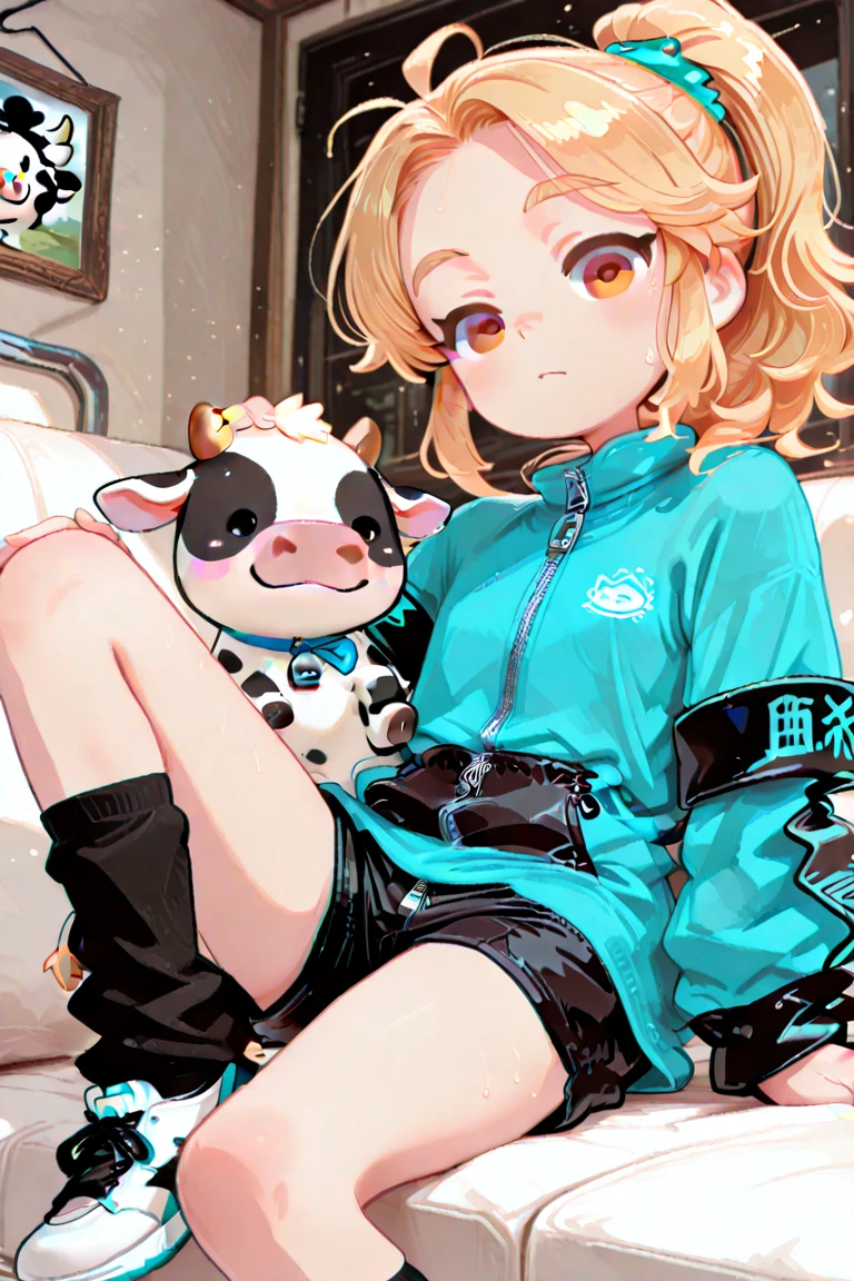 к HD，4K，Expressive face，Anime style，front side，White background， Cute bunny girl,chibi, with short light orange hair, with yellow eyes,, in round glasses, in short beige shorts, wearing a white t shirt, with a beige raincoat, cute muzzle