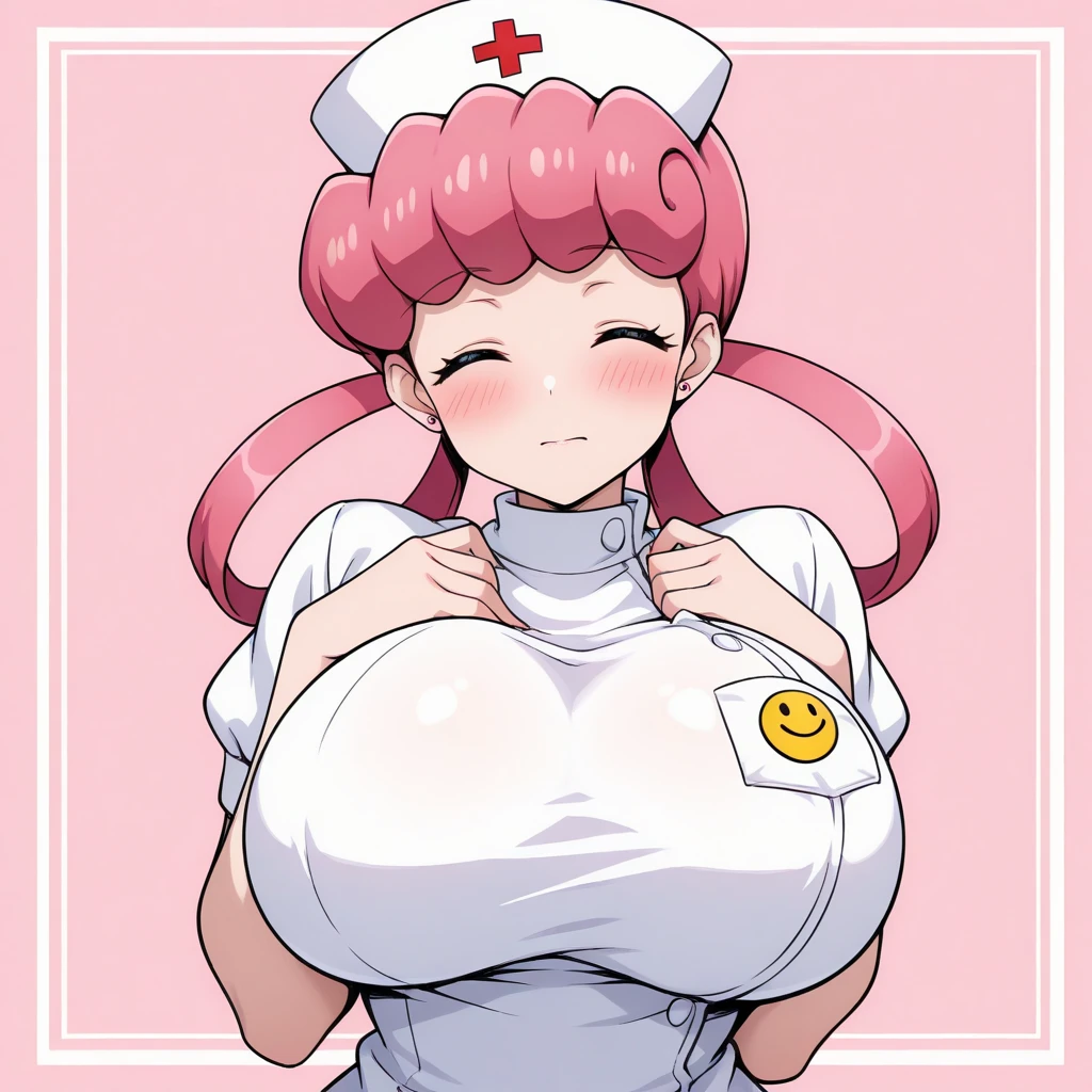 (masterpiece, best quality, Highly detailed, Highly detailed, High Quality, perfect quality, good quality, HDR, UHD), Score_9, score_8_up, Betilla the nymph, (((1girl, solo, alone))), (((red hair, long hair, black eyes, curvy, freckles, huge breasts, thick thighs, wide hips))), looking at viewer, smile, blush, 

(((     pink dress, closed mouth, short sleeves, puffy sleeves, white apron, puffy short sleeves, white nurse cap, nurse, infirmary,    ))),

sexy pose, dynamic pose, dynamic angle, cowboy shot,

indoor,