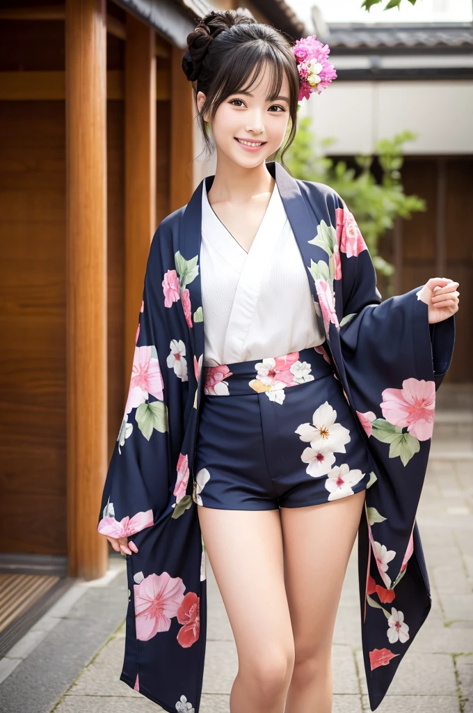 cute woman、cute face、cute smile、10 years old 、full body shot、80mm、well-shaped chest、lazy smile、bright kimono、garden、squirt、Cherry tree、slim body、beautiful and slim legs、legs spread