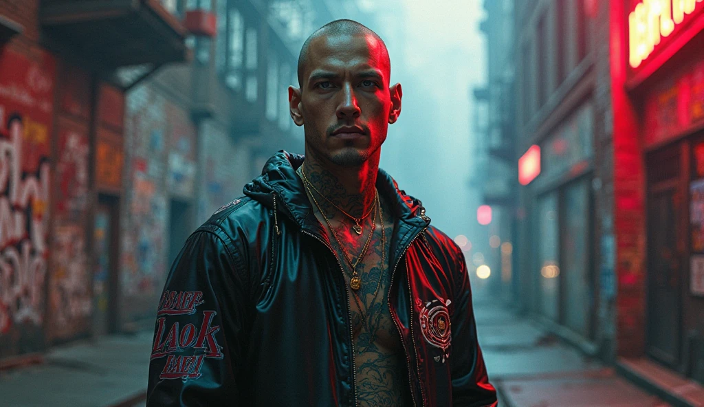 dream away, (A tattooed man stands proudly, his arms covered in colorful neon squid designs that drip and glow in the smogpunk cityscape: 1.1), (Die Antwoord-esque fashion sense, bold patterns and accents his style: 0.9), (Tattoo artist Seb McKinnon's distinctive linework and shading bring the ink designs to life: 1), dramatic city lights, harsh neon against the gritty surfaces, grungy yet vivid, industrial, 80s sci-fi vibe, fine detailed tattoos, weathered clothing, worn leather, (male focus: 1.2), street-level perspective, noir atmosphere, sharply rendered hard edges, gritty texture.