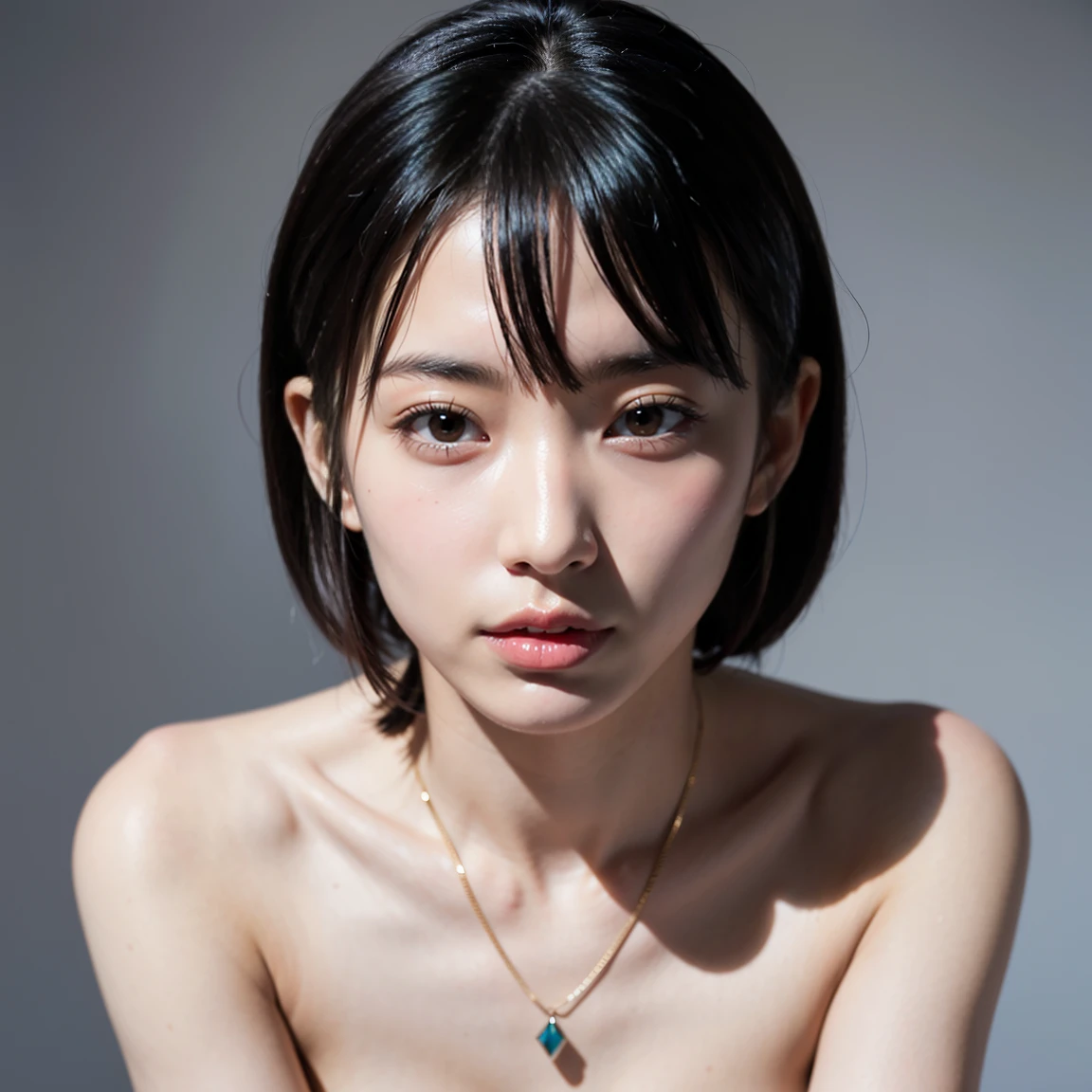 (masterpiece), (highest quality), super detailed, incredibly high resolution, 8k, (Upper body:1.4),
1 Japanese female, 20 years, slim, Very short straight black hair, sheer bangs hair, (wheat-colored skin:1.3), narrow dark brown eyes, double eyelid, round nose, ((round face:1.2)), Flat-shaped face, makeup-free, NSFW, topless, small breasts, small nipples, flat background, sharpen, Studio lighting from the front, fast shutter speed