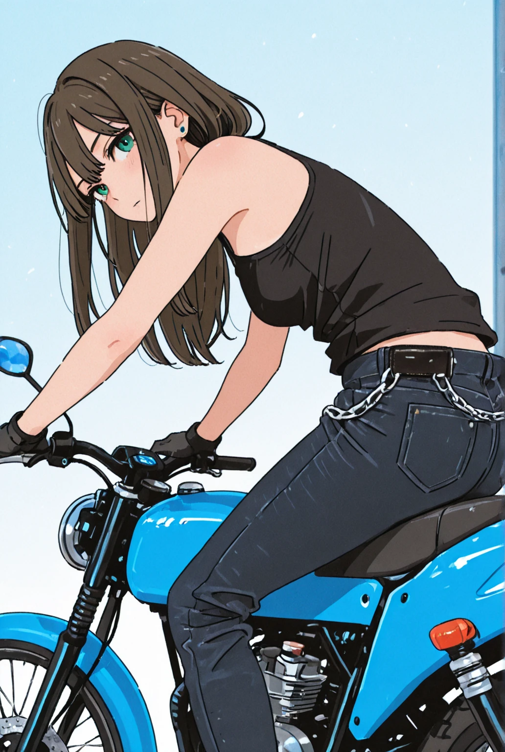 1girl,short green hair,wearing leather jacket,blue jeans,riding horse,(wearing leather helmet:1.2),goggles,:o, <lora:LORA-XenoDetailer-v2:0.1>