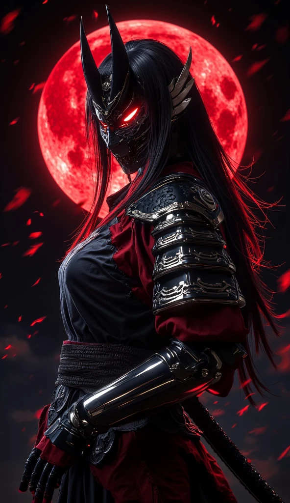 high quality fingers, normal hands, detailed fingers, masterpiece, (realistic, photo-realistic: 1.37), realistic, 1girl, long hair:1.5, black hair:1.2, red eyes:1.5, bright eyes, mortal kombat, ninja, weapons, kimono, dress,, large breasts, serene look, temple, meditation, ninja mask, cover half of face, demonic mask, reflection, moonlight, moon, cherry blossom, swords